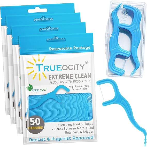 Trueocity Diş Yüzgeçli Fırça Seyahat Çantası ile 4 Paket Seçer (Toplam 200 Sayım), Diş İpi Dişler Arasında Kolay Kayar, Pensesinde Diş Çürümesini ve Diş Eti Hastalığını Önlemeye Yardımcı Olur, Kolay Kavrama Kolu, Nane Aromalı