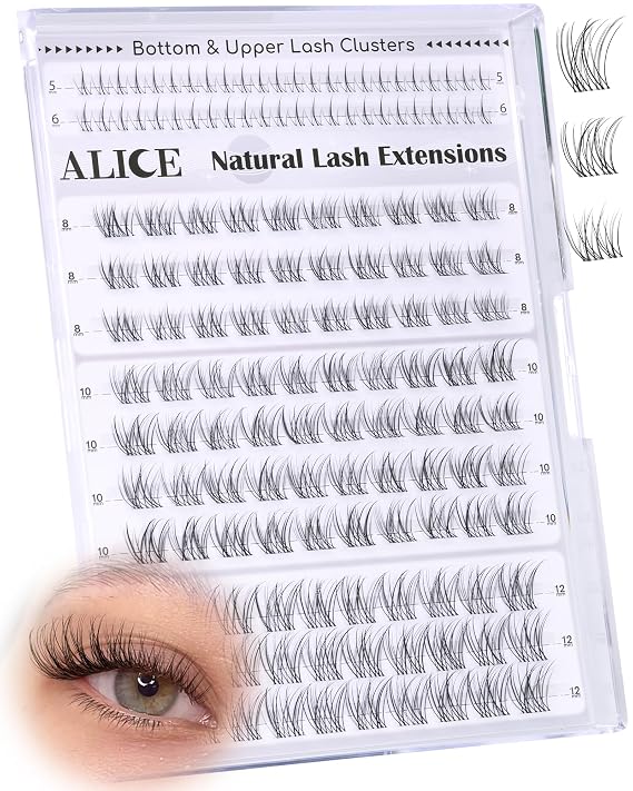 ALICE Eyelash Clusters Natural Short Lash Clusters 8-12mm Wispy Cluster Eyelash Extensions Clear Band Individual Lashes with 5-6mm Bottom Lashes