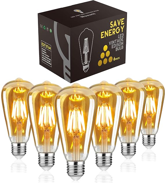 LED Edison Bulb, Vintage Light Bulb, Dimmable 6W E27 LED Bulbs, Led Filament Bulb, Antique Style Retro Amber Glass Screw Lamp, ST64, 2200K, 600LM, 6W - 6 Pack [Energy Class F]