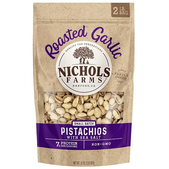 Nichols Farms California Grown Pistachios, InShell, Nutrient Rich Snack Packs, Roasted Garlic, 2LB