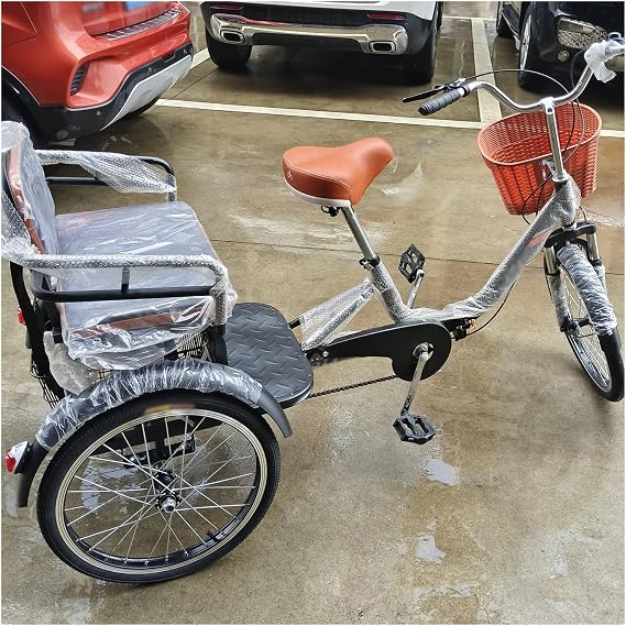Adjustable Cycle Rickshaw, Folding Trikes for Adults with Front and Back Basket, Three Wheel Tricycle, 3 Wheel Bicycles for Seniors Transportation Vehicle/Three-Wheeled Bicycle Pedal