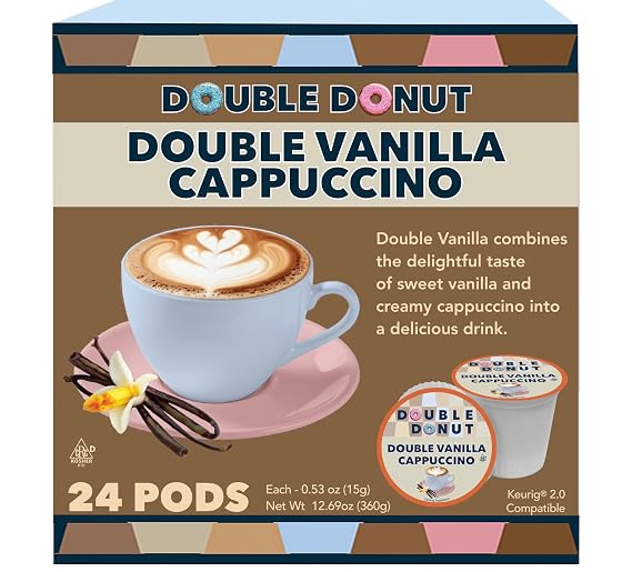 Double Donut Coffee Double Vanilla Cappuccino Pods, 24 Single Serve Cups For Keurig K Cup Brewers In Recyclable Pods