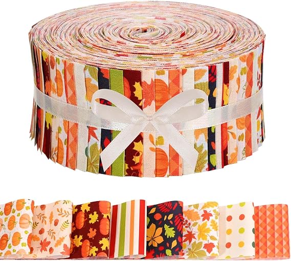 40 Pcs Fall Cotton Jelly Fabric Strips Autumn Maple Leaves Pumpkin Fabric Strips for Quilting Crafting Precut Patchwork for Thanksgiving Gift Sewing DIY Crafts(Autumn Maple)