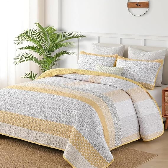WONGS BEDDING Yellow Quilt Twin Size, Bohemian Stripe Quilt Sets 2 Pieces Boho Quilted Bedspread Set Lightweight Microfiber Coverlet Bedding Set All Season (68"86")