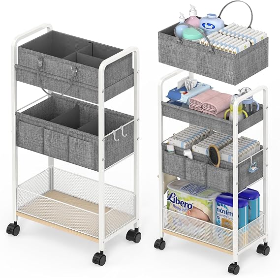 LIDTOP 2In1 Baby Diaper Caddy & 3-Tier Rolling Diaper Cart, Organizer with Dividers, Metal Detachable Bedside Cart for Baby Nursery Essentials, Large Capacity, Easy to Assemble, White