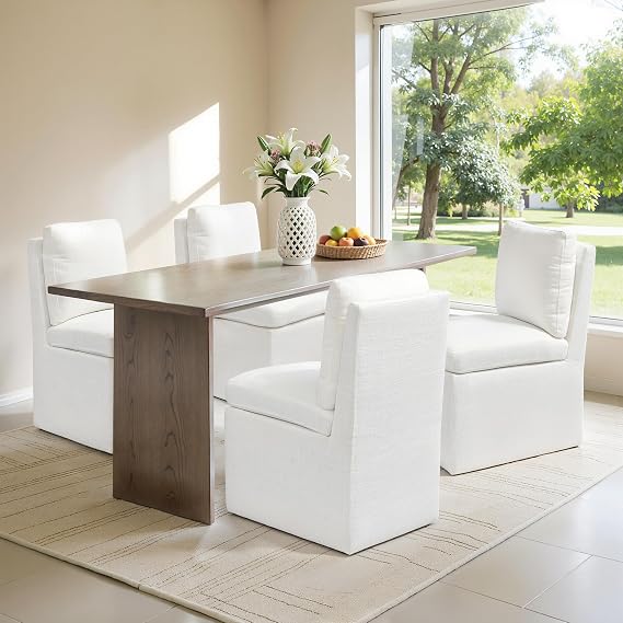 SUBRTEX Dining Chairs with Casters Set of 4, Upholstered Dining Room Chairs, Accent Single Sofa Chair, Fabric Linen Living Room Chairs, Arrived Assembed, Slient Wheels, White