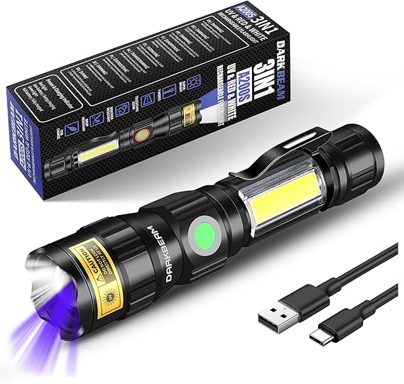 DARKBEAM 365nm Blacklight Flashlight with UV Light Combo, Rechargeable USB | Ultraviolet Wood's Lamp Handheld, Black Lights 365 nm, Pet Urine Detector for Cat Ringworm Rocks Uranium Glass, Magnetic Base