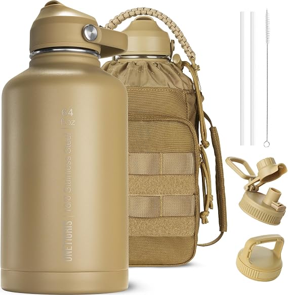 ONETIGRIS 64oz Tactical Insulated Water Bottle with 3 Lids & MOLLE Pouch