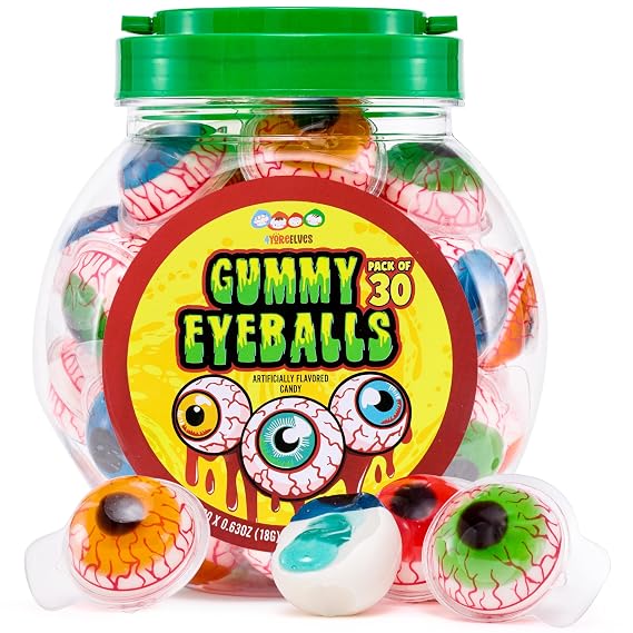30 Gummy Eyeballs, Spooky Halloween Candy, Individually Wrapped, 19 oz | 4 fruity flavors with soft jelly filling, great for Halloween party favors, goody bags and treats by 4YoreElves