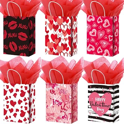 24 Pcs Valentines Day Gift Bag Valentines Kraft Paper Bags with Red Tissue Paper Heart Shaped Treat Goodies Bag Wrapping for Wedding Holiday Party Favor Decorations Kids Classroom Exchange Prizes