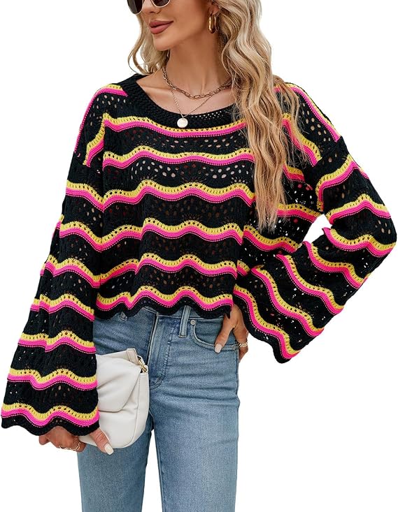 chouyatou Women's Oversized Striped Color Block Sweater Bell Long Sleeve Crochet Sweater Crop Tops