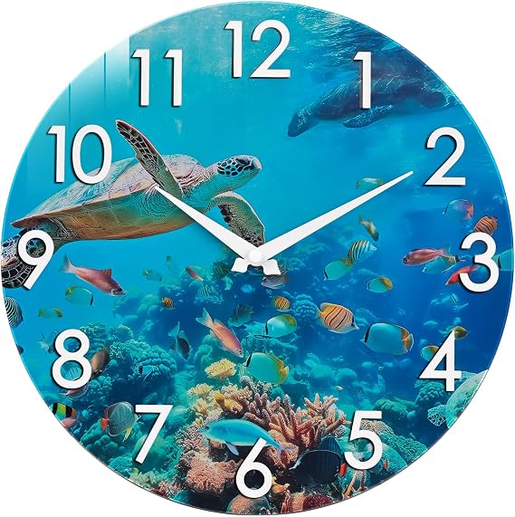 Crosstime 14 Inch Outdoor Clock Waterproof Tempered Glass with Sea Turtle & Marine Life Theme, UV Resistant, Silent Nautical Coastal Decor Wall Clock for Patio, Pool, Garden, Backyard, Bathroom
