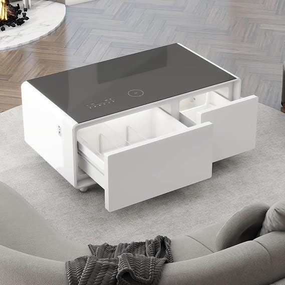 RuiSiSi Smart Coffee Table with Built-in Fridge, Bluetooth Speaker, Wireless Charging, Touch Control Panel, USB Interface, Outlet Protection, Atmosphere Light, Living Room Table, BWhite