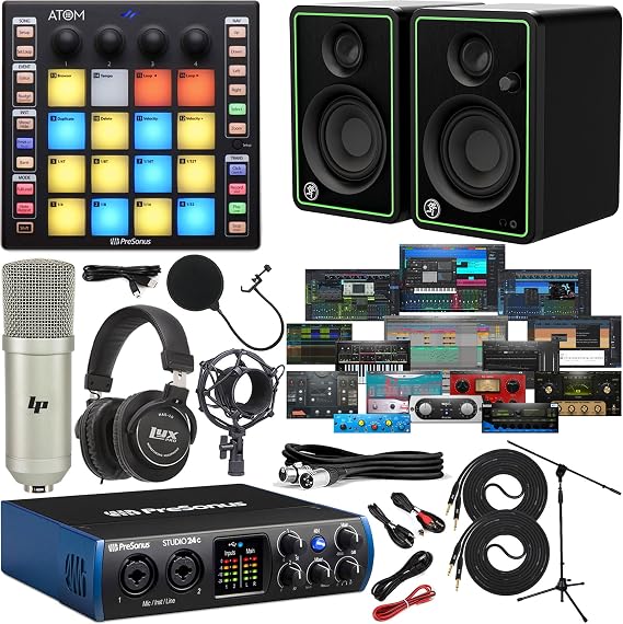PreSonus Studio 24c 2x2 USB-C Audio/MIDI Interface with New Version Studio One Artist Software Pack, with CR3-XBT Creative Multimedia Monitors & ATOM MIDI Pad Controller