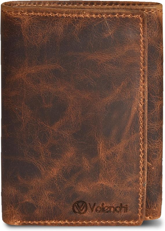 Genuine Leather Mens RFID Blocking Slim Trifold Wallet with 6 Cards+1 ID Window + 2 Note Compartments. - Cognac - S