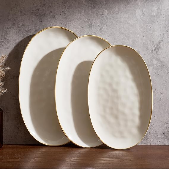 Richmount Ocean Serving Platter, Oval 15.67/14.1/12.6 inch Serving Dishes for Entertaining, Microwave Dishwasher Safe, Stoneware Serving Trays for Party, Turkey, Cheese, Beige