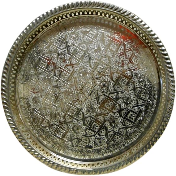 Moroccan Tea Tray Serving Cocktail Silver Handmade Fez Large Round