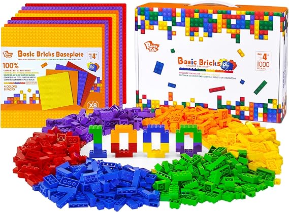Pairez Toys 1000 Pieces Building Bricks Set & 8 Pack Baseplates (Rainbow)