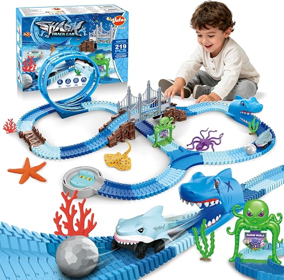 VATOS Shark Track Toys - 219 Pcs Flexible Race Track Set with 360 Loops, Electric Shark Car & Auto-Rotating, Create a Shark Theme Road Race, STEM Toy Birthday for Boys Girls Ages 3-8