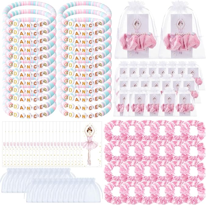 Quelay 24 Sets Ballerina Party Favors Include 24 Pink Hair Scrunchie 24 Dance Clay Bead Bracelet 24 Ballerina Cards Ballet Party Favors for Teacher Dance Team Gifts