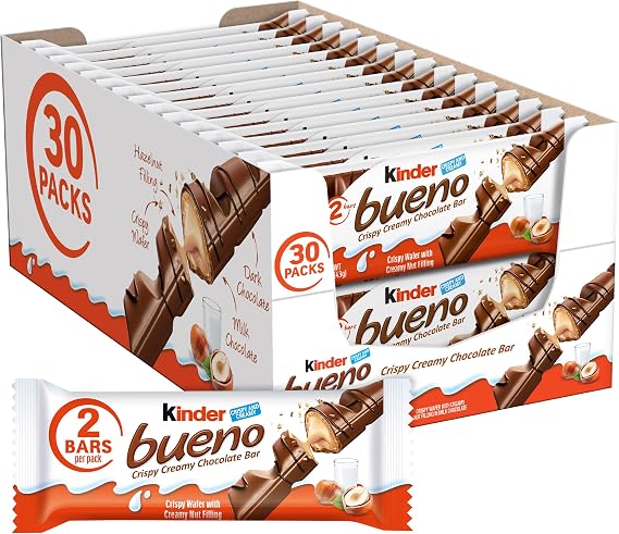 Kinder Bueno Milk Chocolate and Hazelnut Cream, 2 Individually Wrapped Chocolate Bars Per Pack, 1.5 oz each, 30 Pack