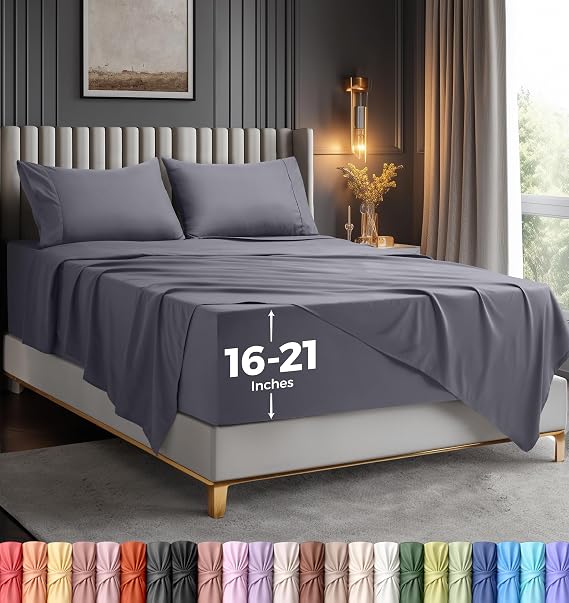 Extra Deep Pocket Full Sheet Set - 4PCs Fits Up to 21 Inches - Grey