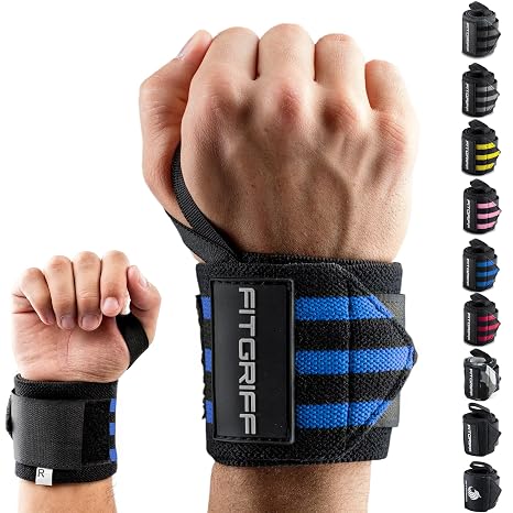 Fitgriff Wrist Wraps for Weightlifting (18") Heavy-Duty Support for Gym, Bench Press, and Pushups (1 Pair) - for Men and Women (Black/Blue)