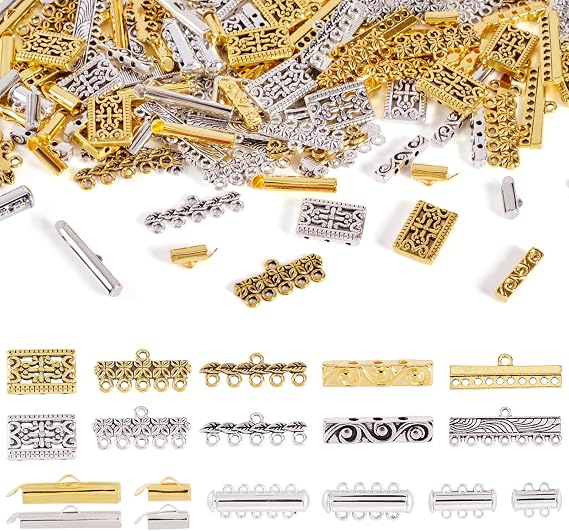 Pandahall 148 Pcs Tube Brass Slide On End Clasp & 2-5 Strands Jewelry Slide Lock Clasps & Tibetan Style Alloy Links/Connectors & Rectangle Spacer Beads for Bracelet Necklace Jewelry Making