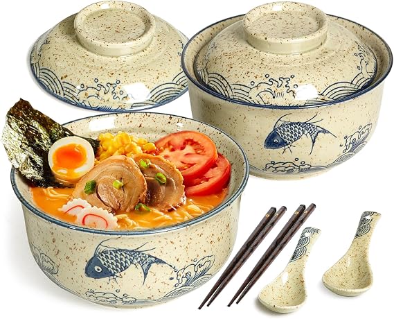 Ramen Bowl Set of Spoon and Chopsticks 2 x 800 ml Japanese Ramen Bowl with Lid Ceramic Soup Bowls Porcelain Tableware - Fish