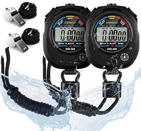 2 Pack Digital Stop watch Timer with 2 Whistle Set | Water resistant Stopwatch with Large Display Date, Time & Alarm | Sports Stopwatch for Swimming, Running and Fitness | Perfect for Coaches | Black