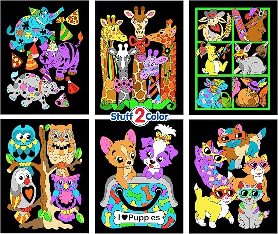 Stuff2Color Cool Animals - 6 Pack of Fuzzy Velvet Coloring Posters (Arts and Crafts Fun for Kids, Adults and All Ages)