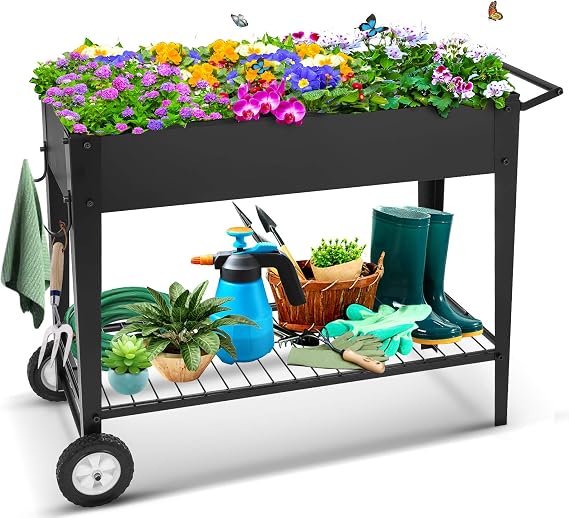 Mobile Raised Garden Bed Outdoor/Indoor Herb Garden Above Ground Raised Planter Boxes with Legs, 2 Wheels and Lower Shelf, Metal Elevated Garden Bed for Vegetables Flower Herb Patio