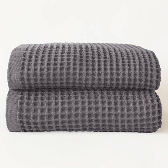 Premium Waffle Bath Towels Pack of 2 Extra Large 35x71 inch - 100% Turkish Cotton, Waffle Weave, Quick Dry, Lint Free, Oversized, Thin Bath Sheet Towel (Gray, Set of 2 Bath Towels)
