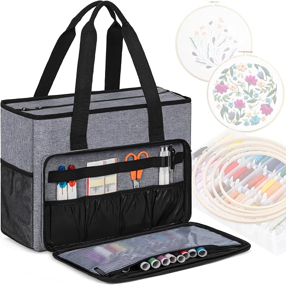 GMAK Embroidery Storage Bag, Embroidery Project Storage Carrying Tote Bag | Embroidery Supplies Cross Stitch Storage Tote Case with Multiple Pockets for Floss, Hoops, Thread, Stitch Tools Kit, Grey