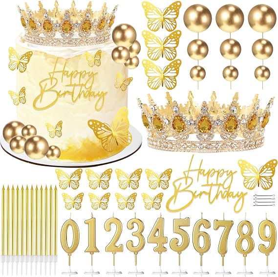 SUTROMA Crown Cake Topper, Corona Para Pastel,Happy Birthday Cake Toppers Candles Balls Butterflies, Cake Decorations for Princess Women Queen Party Wedding Decor (Gold Amber)