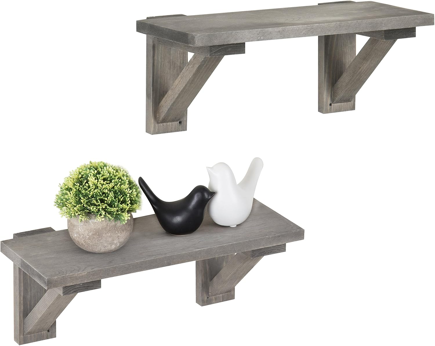 MyGift Rustic Gray Wood Floating Shelves with Wooden Brackets, Hanging Wall Display Shelf for Living Room, 17 Inch, Set of 2