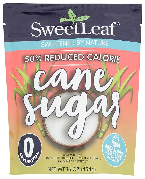 SweetLeaf 50% Reduced Calorie Cane Sugar - 16 Oz | with Allulose, Stevia and Monk Fruit Extract, All Purpose Sweetener, Non GMO, Vegan, Gluten Free, 8 Calories Per Serving