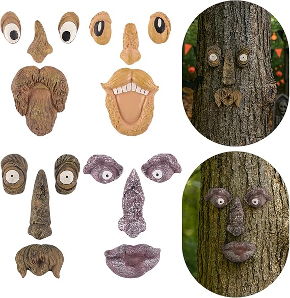 4 Pack Tree Faces Decor Outdoor, Tree Face Outdoor Statues Old Man Trees Hugger Yard Art Garden Decor, Funny Bark Ghost Statues for Halloween Easter Spring Decoration