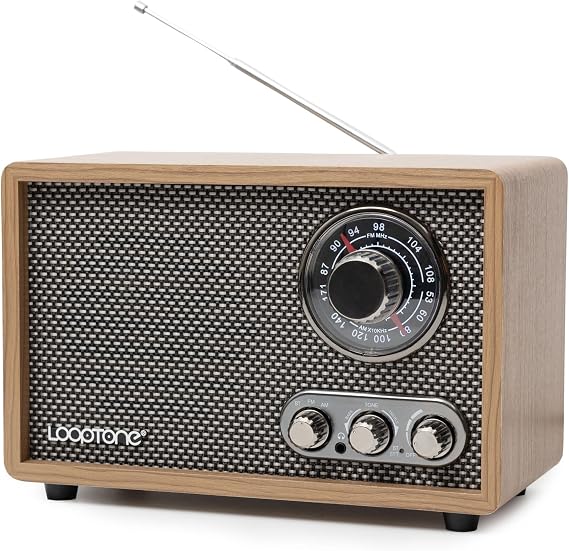 LoopTone AM FM Radio for Home,Bluetooth in/Out Retro Wood Radios with AUX in,Headphone Jack, Vintage Table Radio with Treble Bass Control for Kitchen Living Room with Rotary Knob