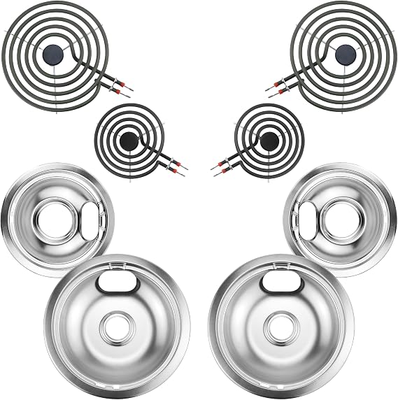 Electric Stove Burner Drip Pans W10196405(8) and W10196406(6)+Electric Stove Top Burner MP15YA(6") MP21YA(8") Compatible for Whirl-pool Ken-more May-tag Ama-na etc by MIFLUS | high temperature stainless alloys;have layer of protect coating;premium quality porcelain with chrome finish