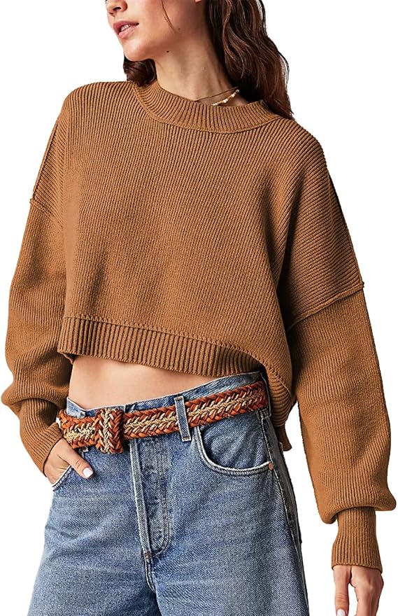 VAOYIU Women's Knitted Long Sleeved Short Round Neck Lantern Sleeve Ribbed Knit Pullover