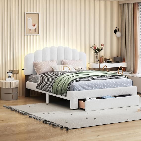 Boucle Bed Frame Queen, Teddy Bed Frame with LED Light Headboard and Drawer, Led Light Bed Frame with Stripe Headboard and USB Ports, Queen Bed Frame No Box Spring Needed (White)
