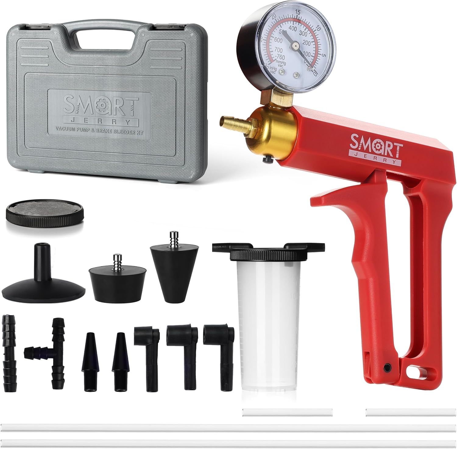 SMART JERRY - Brake Bleeder Kit with Hand Vacuum Pump | 17 Pcs Motorcycle Brake Fluid Bleeder Kit | Vacuum Brake Bleeder Tool with Pressure Gauge &amp; Storage Case