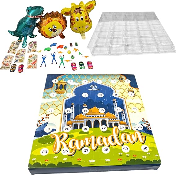 Ramadan Advent Countdown Calendar Eid Gift Surprise Calendar Box for Kids Count down for Boys 13"x13" [Age 4,5,6,7 yrs] (Boy Gift - Blue)
