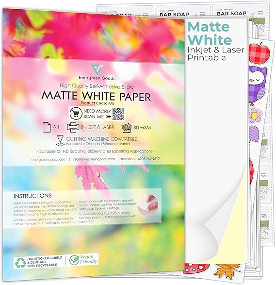 Evergreen Goods 100 Sheets A4 Printable Sticker Paper | Matte White Self-Adhesive Label for Inkjet &amp; Laser Printer | Strong Sticky Back Paper | For DIY Arts &amp; Crafts | Product Labels &amp; Custom Printing