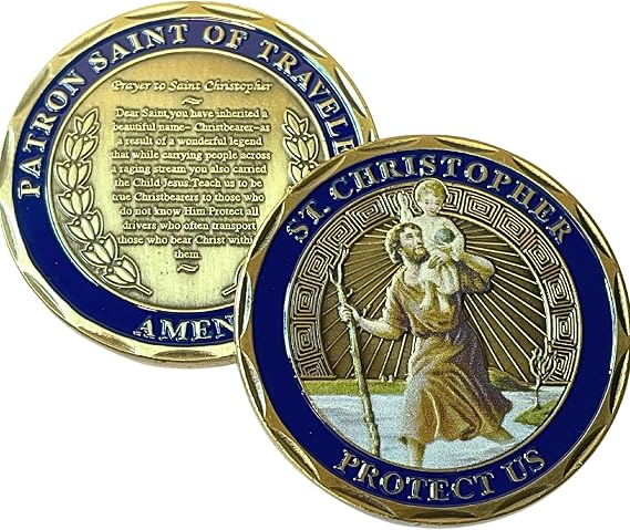 St Christopher Coin, Patron Saint of Travelers, Saint Christopher Catholic Challenge Coin, Religious Coin Collectibles, Copper Plated 38mm x 2mm