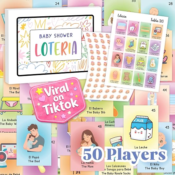 Baby Shower Loteria Bilingual, Baby Bingo for Baby Shower Games, 50 Cards