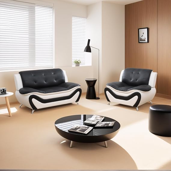 Living Room Furniture Sets 3 Piece, Faux Leather Sofa Set, White and Black Couch Set for Home, Apartment, Office(Loveseat and Chair)