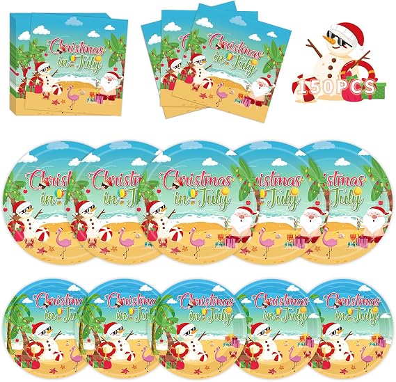 150Pcs Christmas in July Plates and Napkins - Merry Christmas Dinner Dessert Paper Plates Napkins Tableware Set for Hawaiian Beach Summer Xmas Decorations Party Supplies Tables Decor Favors,Serves 50