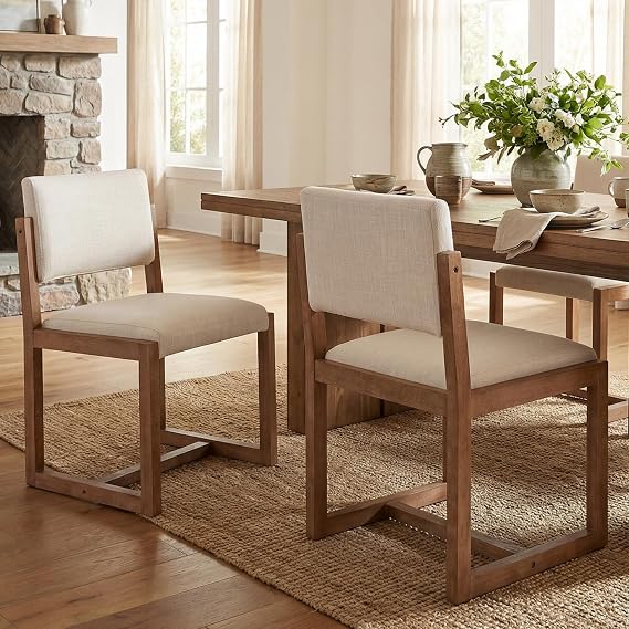 HNY Mid-Century Linen Dining Chairs Set of 2, Beige
